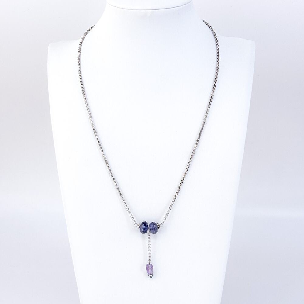 Vintage Sterling Silver 925 Amethyst Drop Rolo Chain Necklace 18.5"